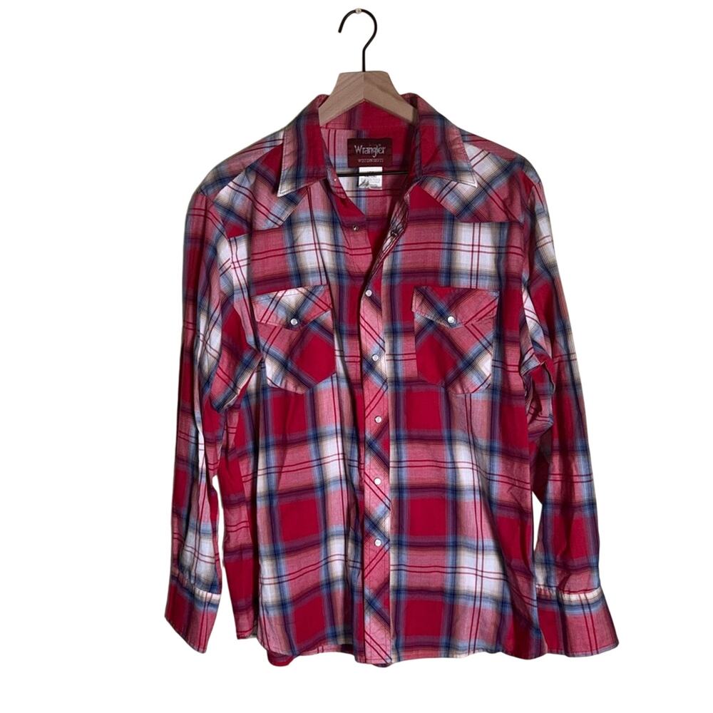 VINTAGE WRANGLER pearl snap button down plaid western cowboy rodeo shirt L
